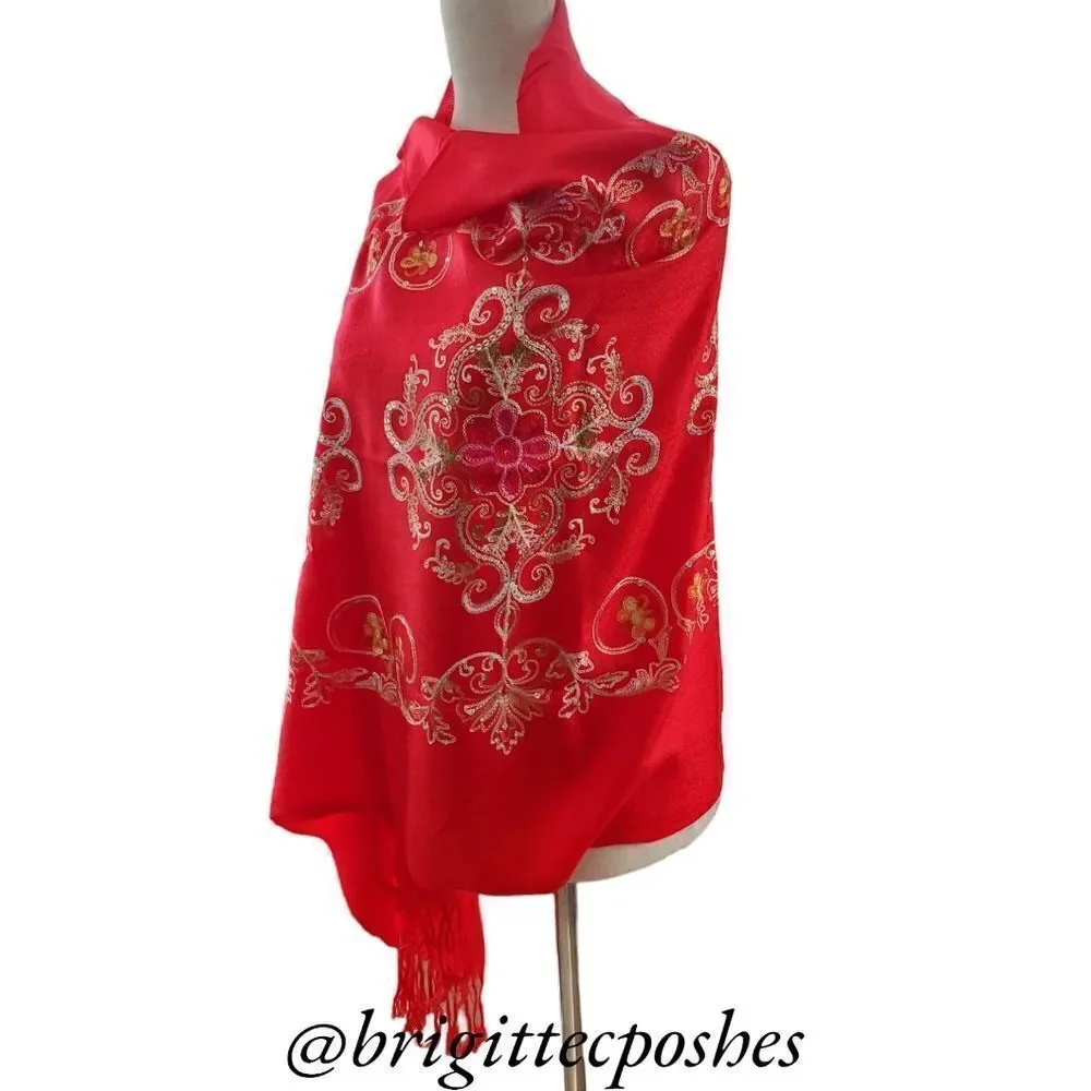 HANDMADE Embroidered Sequined Designed Red Shawl